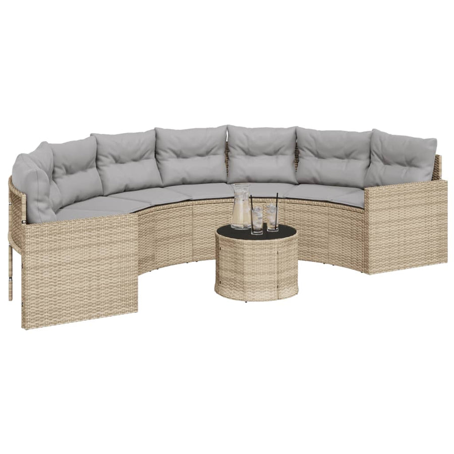 Tuinbank met tafel en kussens halfrond poly rattan beige