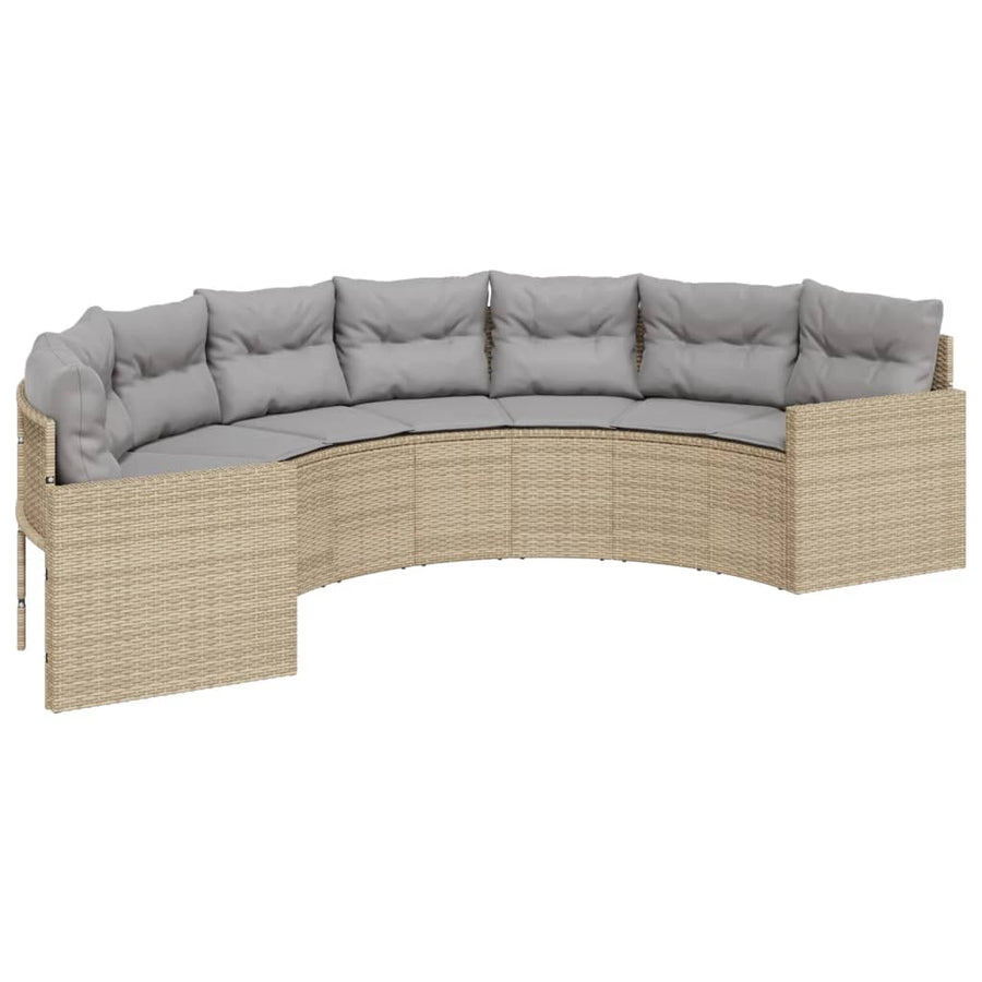 Tuinbank met tafel en kussens halfrond poly rattan beige