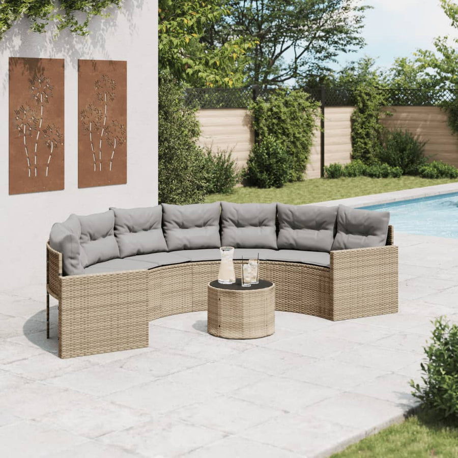 Tuinbank met tafel en kussens halfrond poly rattan beige