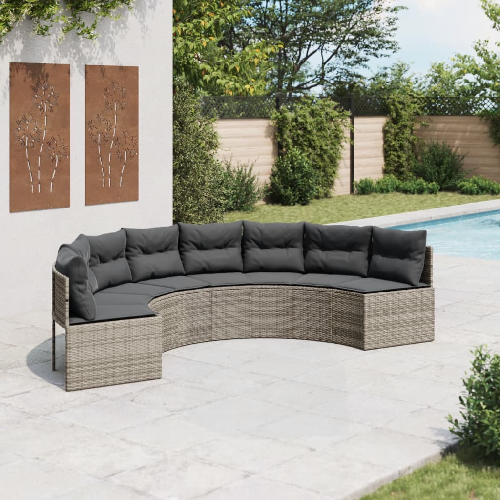 Tuinbank met kussens halfrond poly rattan grijs