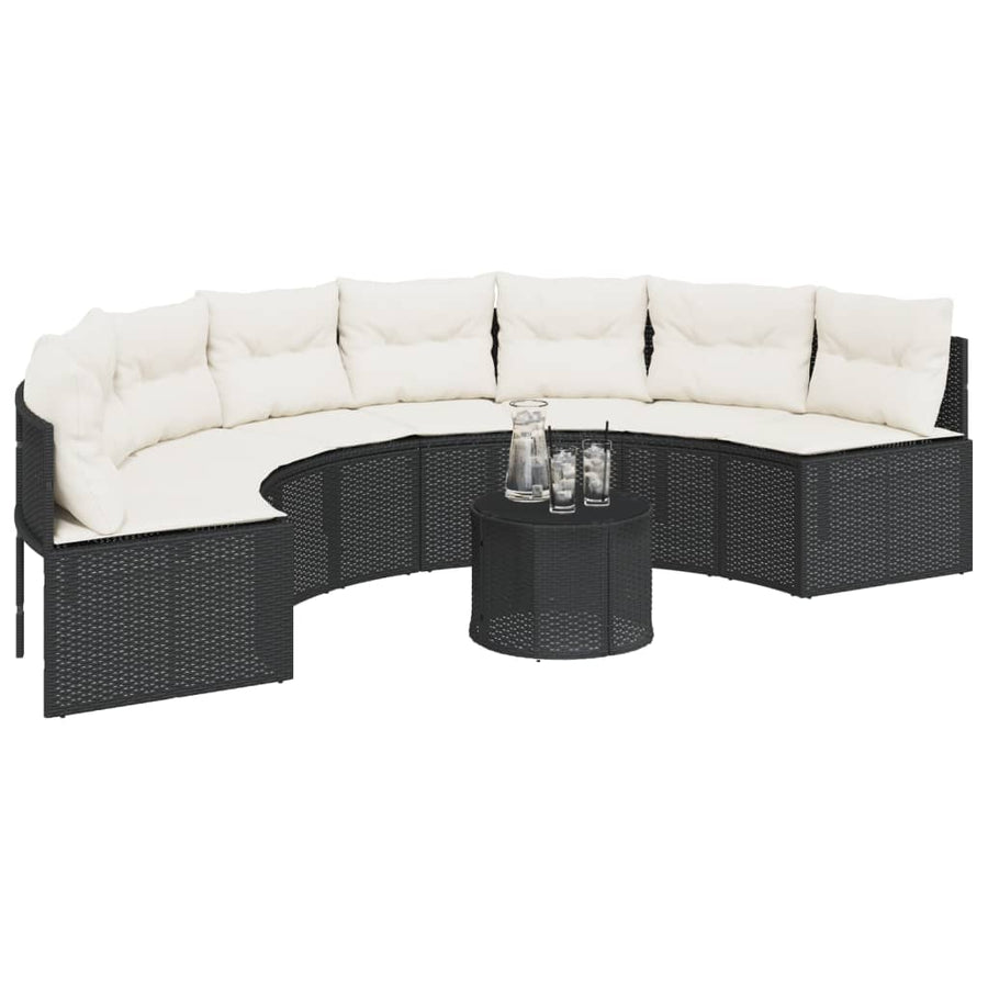 Tuinbank met tafel en kussens halfrond poly rattan zwart