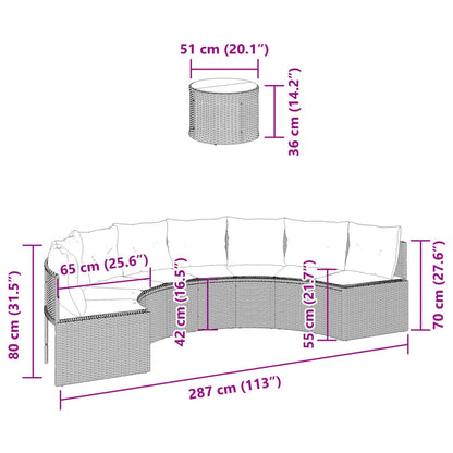 Tuinbank met tafel en kussens halfrond poly rattan grijs