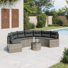 Garden bench with table and cushions semi-circular poly rattan grey