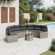 Halfronde tuinbank met tafel en kussens poly rattan grijs