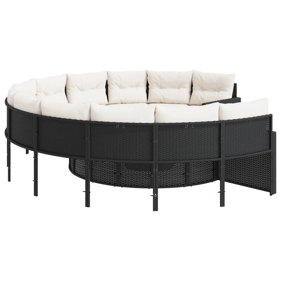 Tuinbank met kussens rond poly rattan zwart