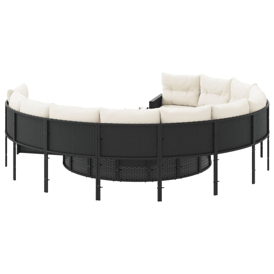 Tuinbank met kussens rond poly rattan zwart