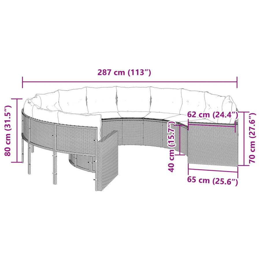 Tuinbank met kussens rond poly rattan grijs