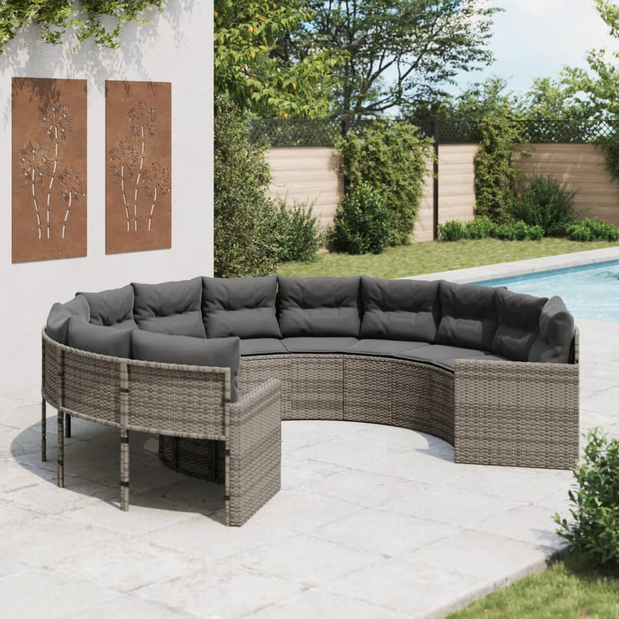 Tuinbank met kussens rond poly rattan grijs