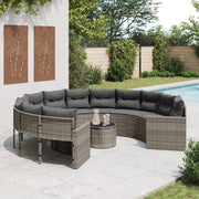 Tuinbank rond poly rattan grijs met tafel en kussens