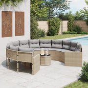 Tuinbank rond poly rattan beige met tafel en kussens