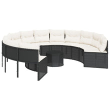 Tuinbank met tafel en kussens rond poly rattan zwart