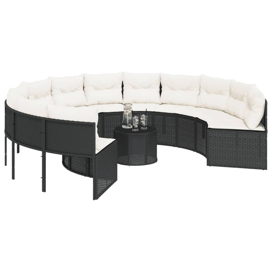 Tuinbank met tafel en kussens rond poly rattan zwart