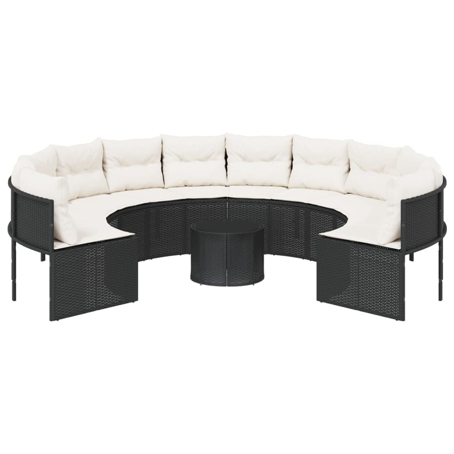 Tuinbank met tafel en kussens rond poly rattan zwart