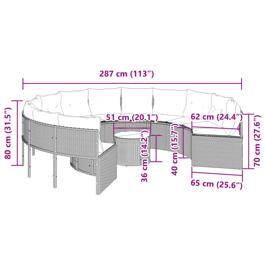 Tuinbank met tafel en kussens rond poly rattan grijs