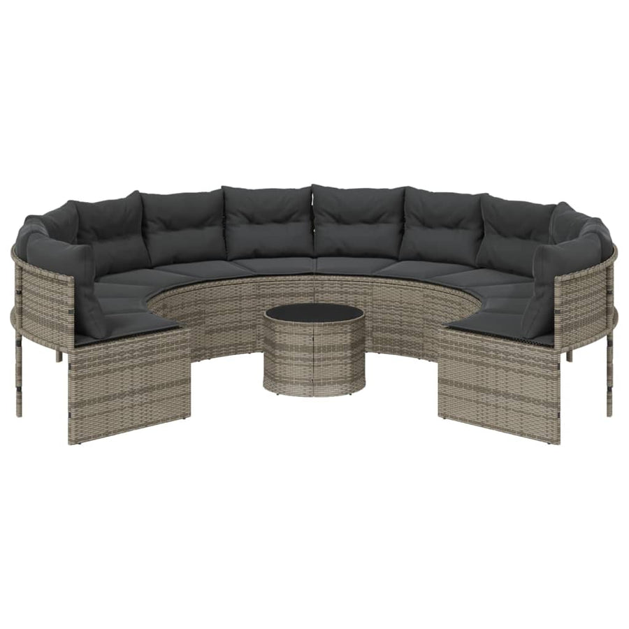Tuinbank met tafel en kussens rond poly rattan grijs
