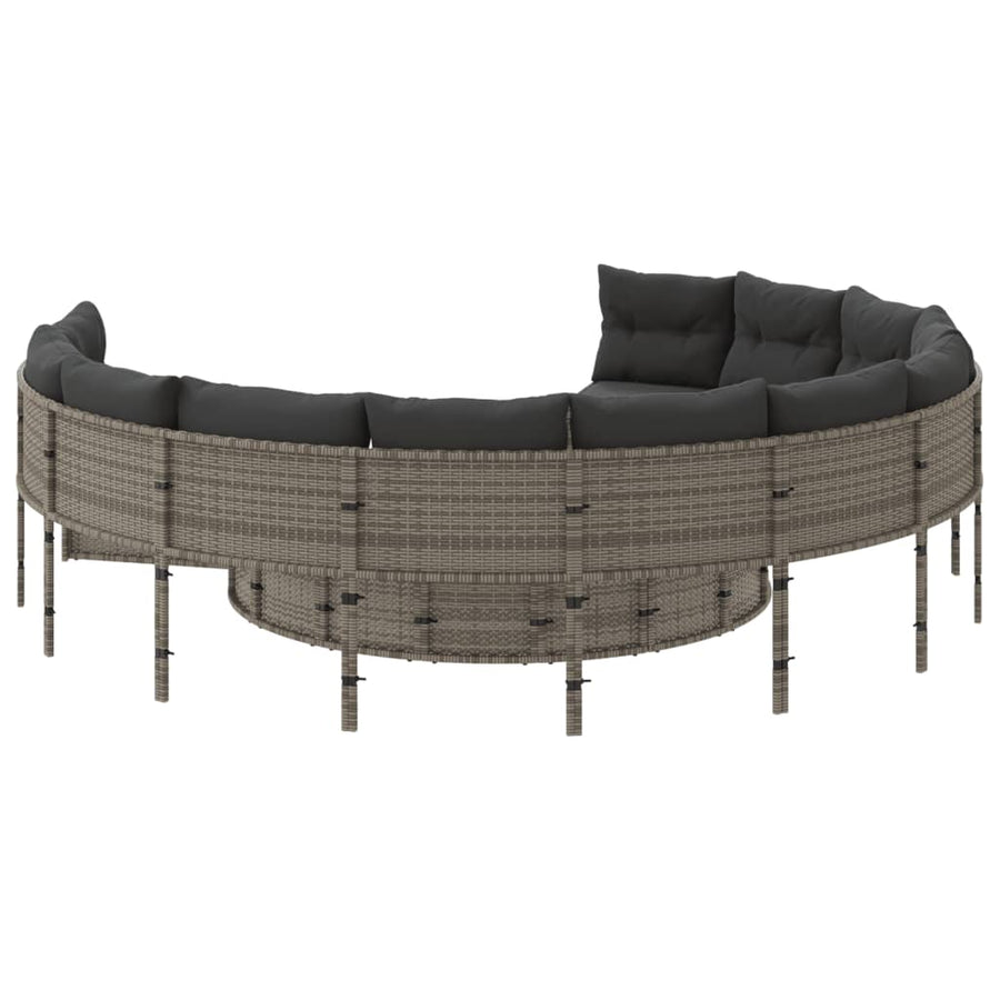 Tuinbank met tafel en kussens rond poly rattan grijs