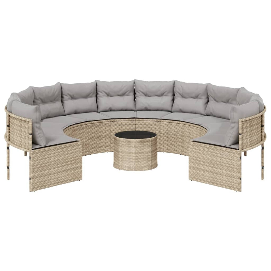 Tuinbank met tafel en kussens rond poly rattan beige