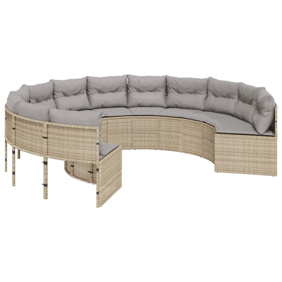 Tuinbank met tafel en kussens rond poly rattan beige