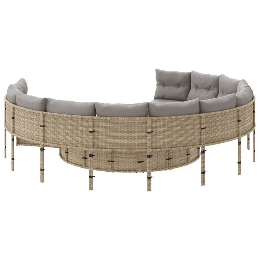 Tuinbank met tafel en kussens rond poly rattan beige