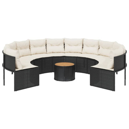 Tuinbank met tafel en kussens rond poly rattan zwart