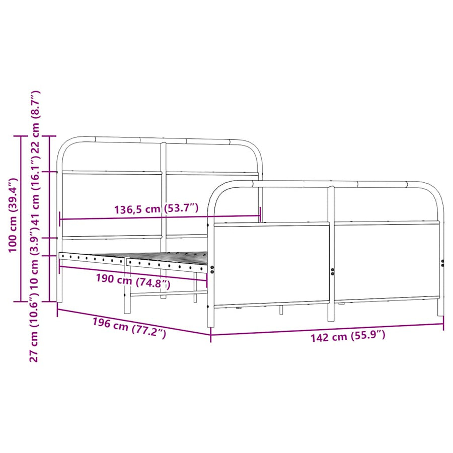 Bedframe zonder matras metaal bruin eikenkleurig 137x190 cm