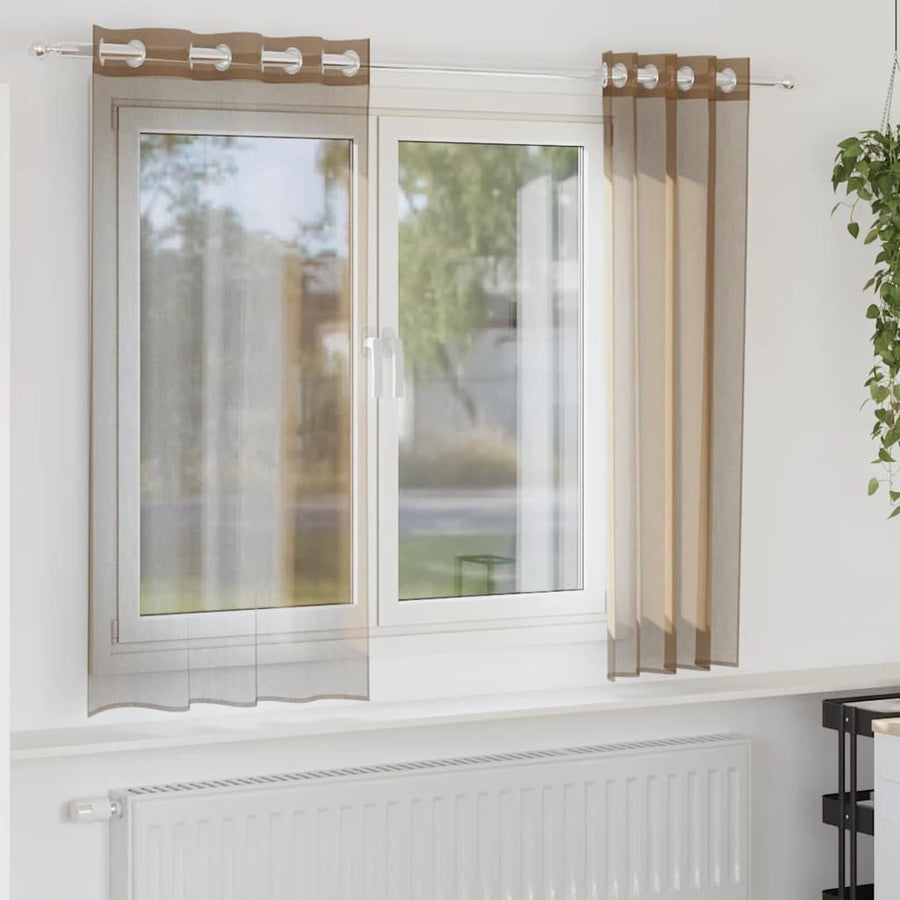 Gordijnen voile met doorvoertules 2 st lichtbruin