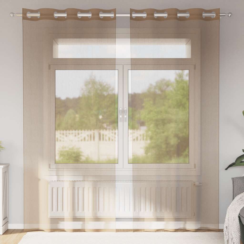 Gordijnen voile met doorvoertules 2 st lichtbruin