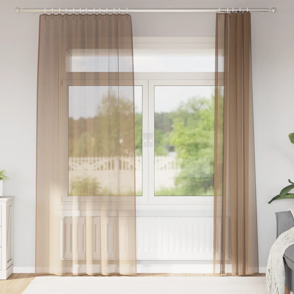 Gordijnen voile met roedezakken 2 st lichtbruin