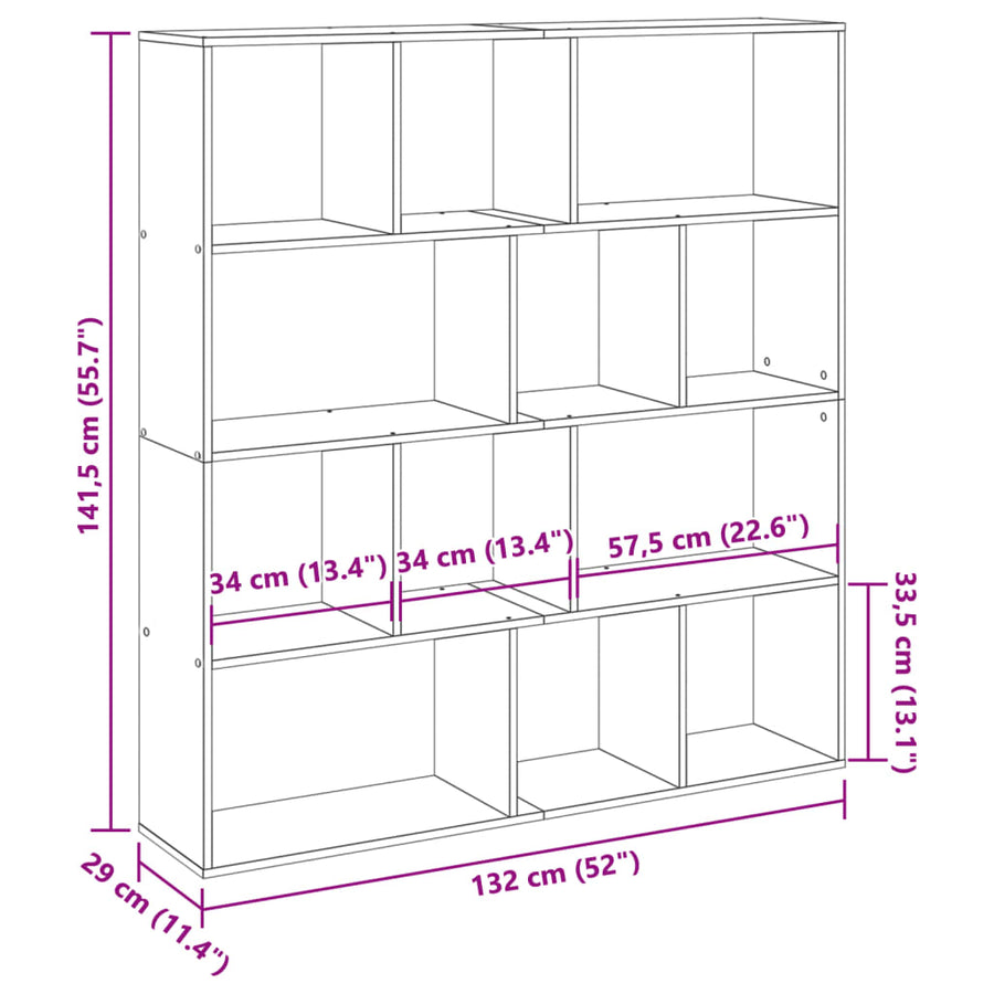 Boekenkast 132X29X141,5 Cm Bewerkt Hout Kleurig Oud Hout 132 cm 141.5 cm