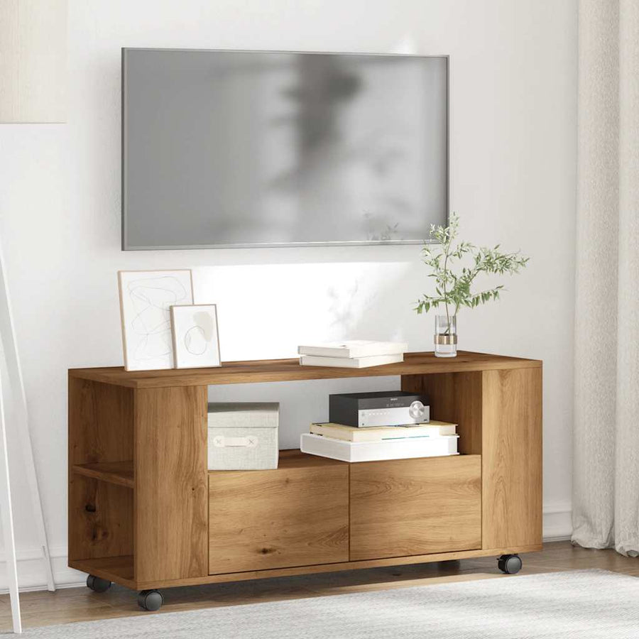 Tv-Meubel Met Wielen 102X34,5X43 Cm Hout Artisanaal Eiken artisanaal eikenkleurig