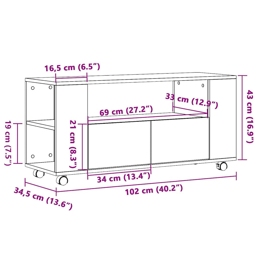 Tv-Meubel Met Wielen 102X34,5X43 Cm Hout Artisanaal Eiken artisanaal eikenkleurig
