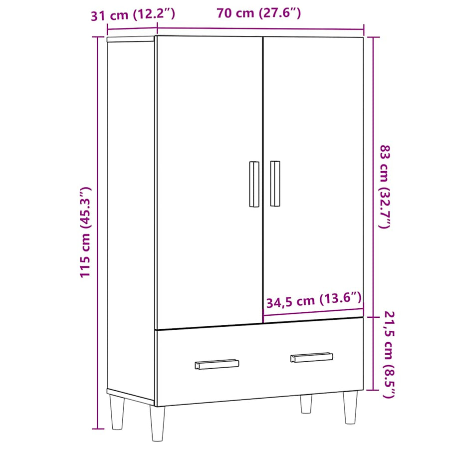 Hoge kast 70x31x115 cm bewerkt hout oud houtkleurig
