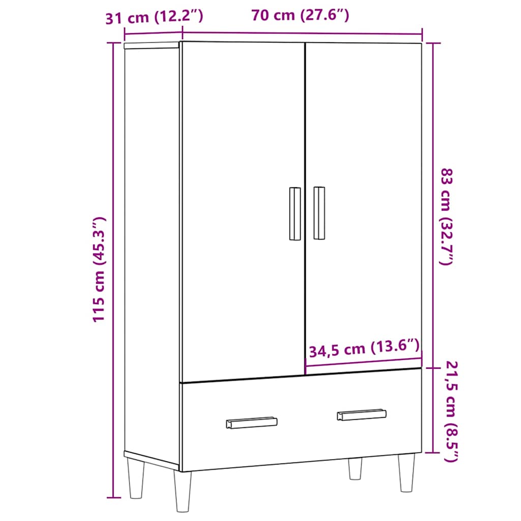 Hoge kast 70x31x115 cm bewerkt hout artisanaal eikenkleur