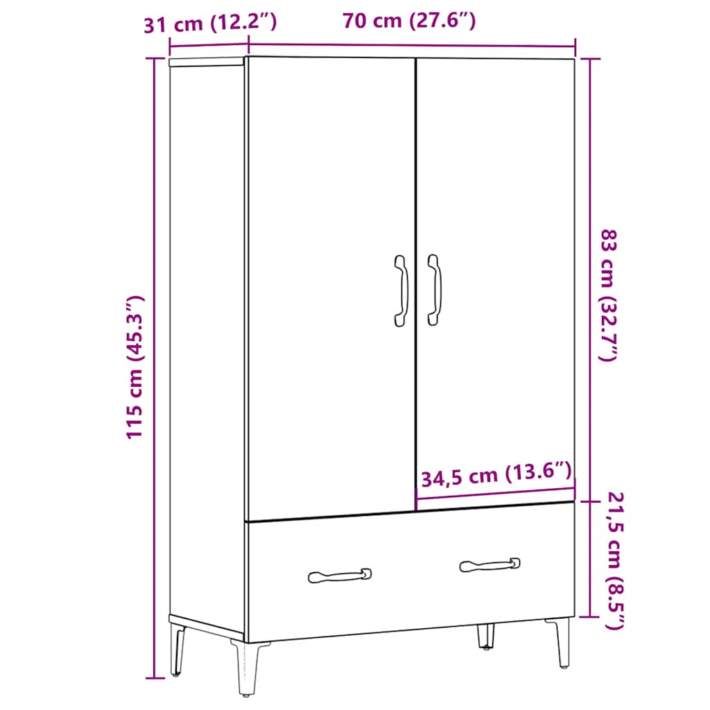 Hoge kast 70x31x115 cm bewerkt hout artisanaal eikenkleur