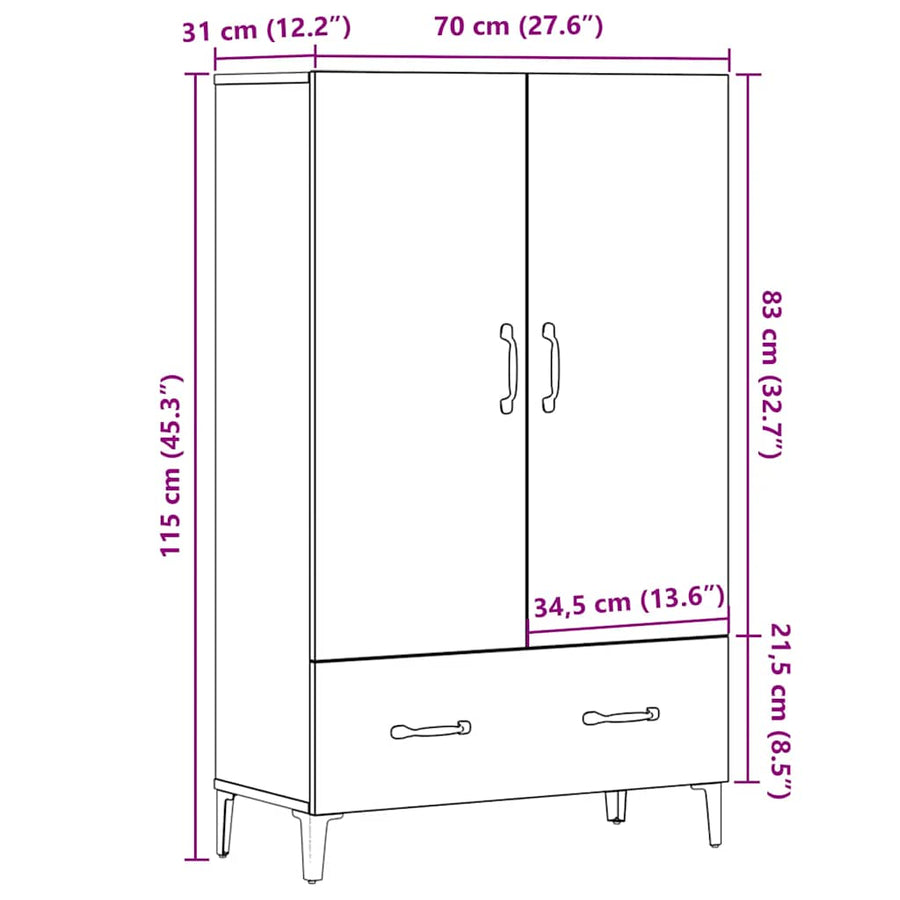 Hoge kast 70x31x115 cm bewerkt hout artisanaal eikenkleur