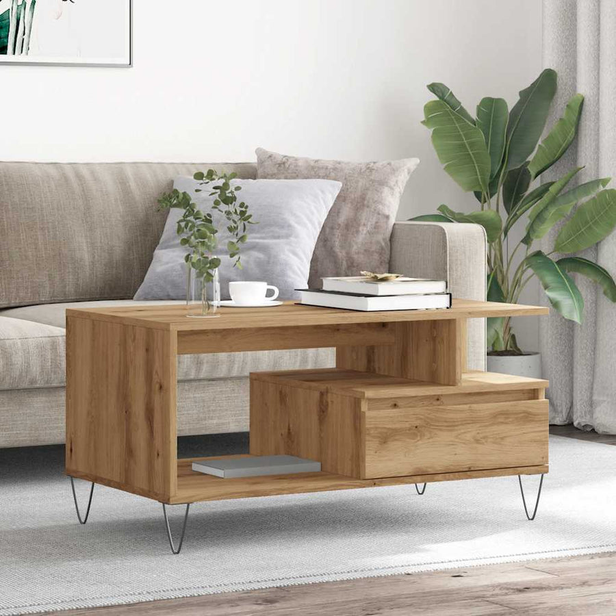 Salontafel 90x49x45 cm bewerkt hout artisanaal eikenkleurig