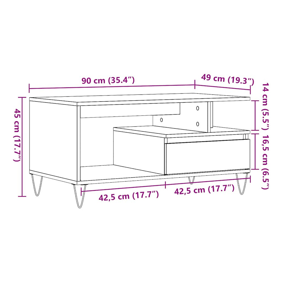 Salontafel 90x49x45 cm bewerkt hout artisanaal eikenkleurig