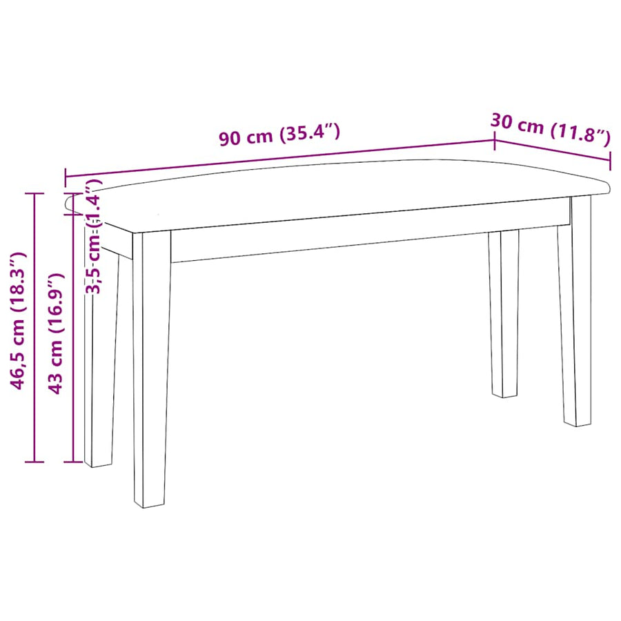 Bank 90 cm massief hout rubber bruin