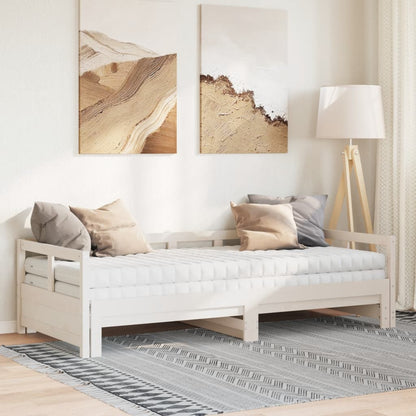 Slaapbank met onderschuifbed en matras 90x200 cm grenenhout wit