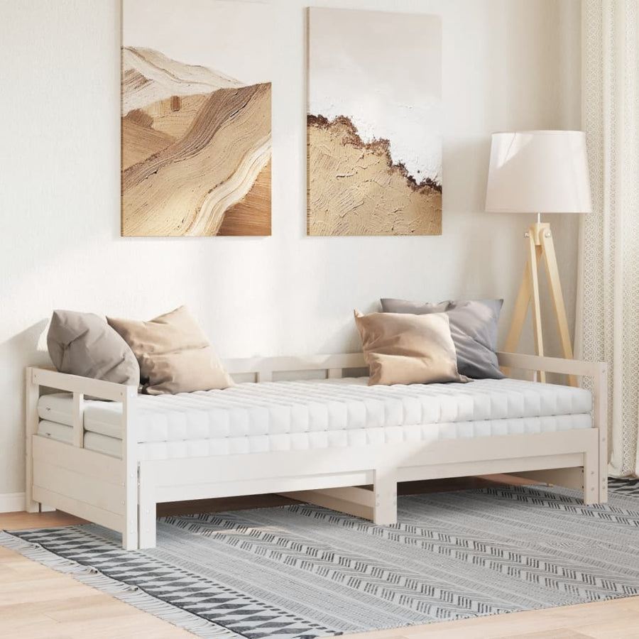 Slaapbank met onderschuifbed en matras 90x200 cm grenenhout wit