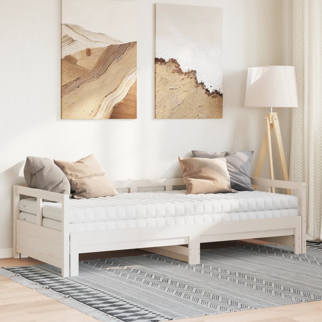 Slaapbank met onderschuifbed en matras 90x190 cm grenenhout wit