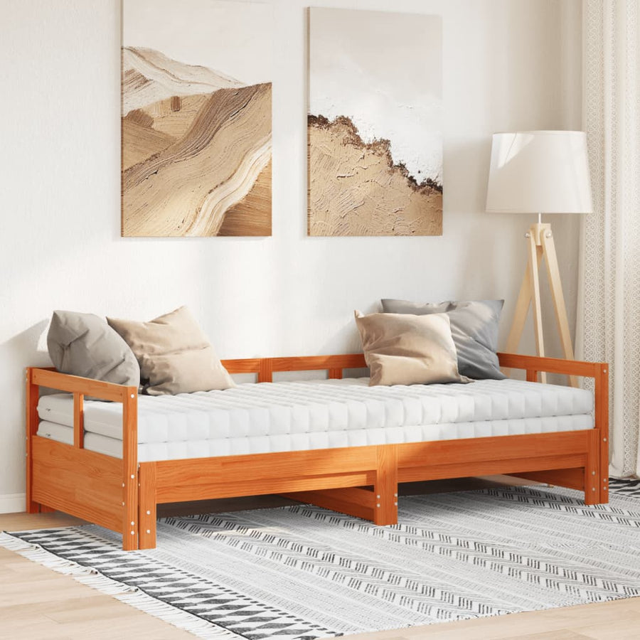 Slaapbank onderschuifbed matras 90x190 cm grenenhout wasbruin