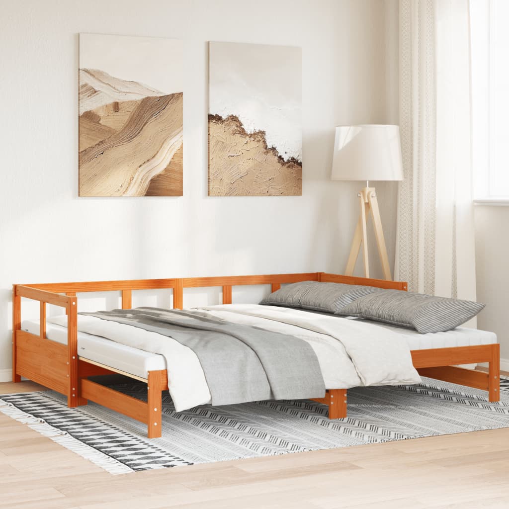 Slaapbank onderschuifbed matras 90x190 cm grenenhout wasbruin