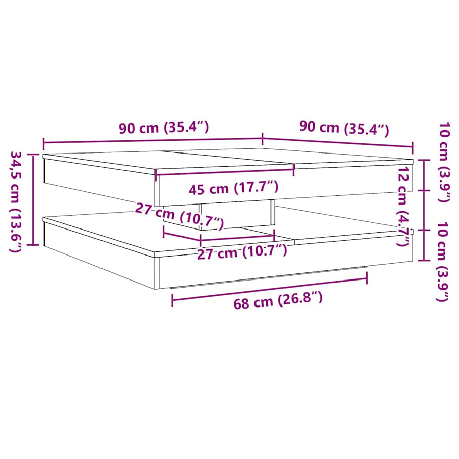 Salontafel 360 graden draaibaar 90x90x34,5 cm zwart eikenkleur