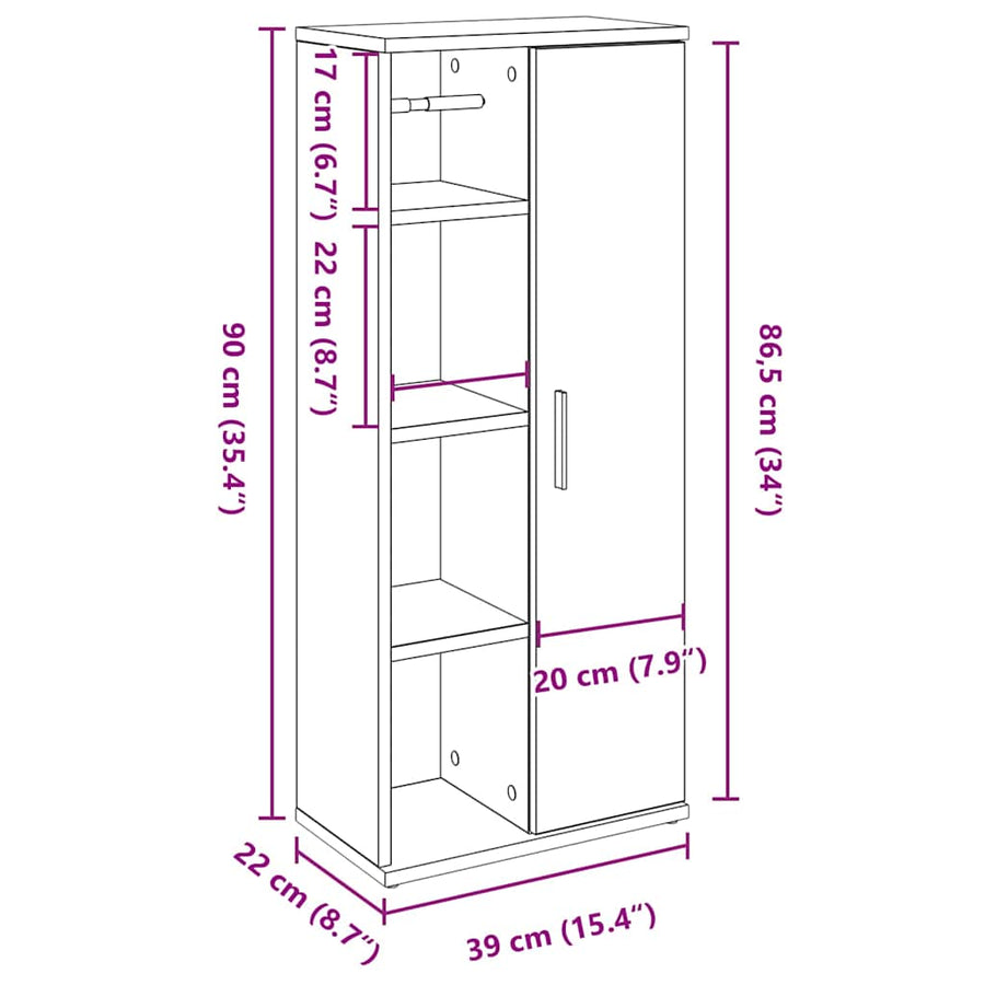 Badkamerkast met rolhouder 39x22x90 cm betongrijs