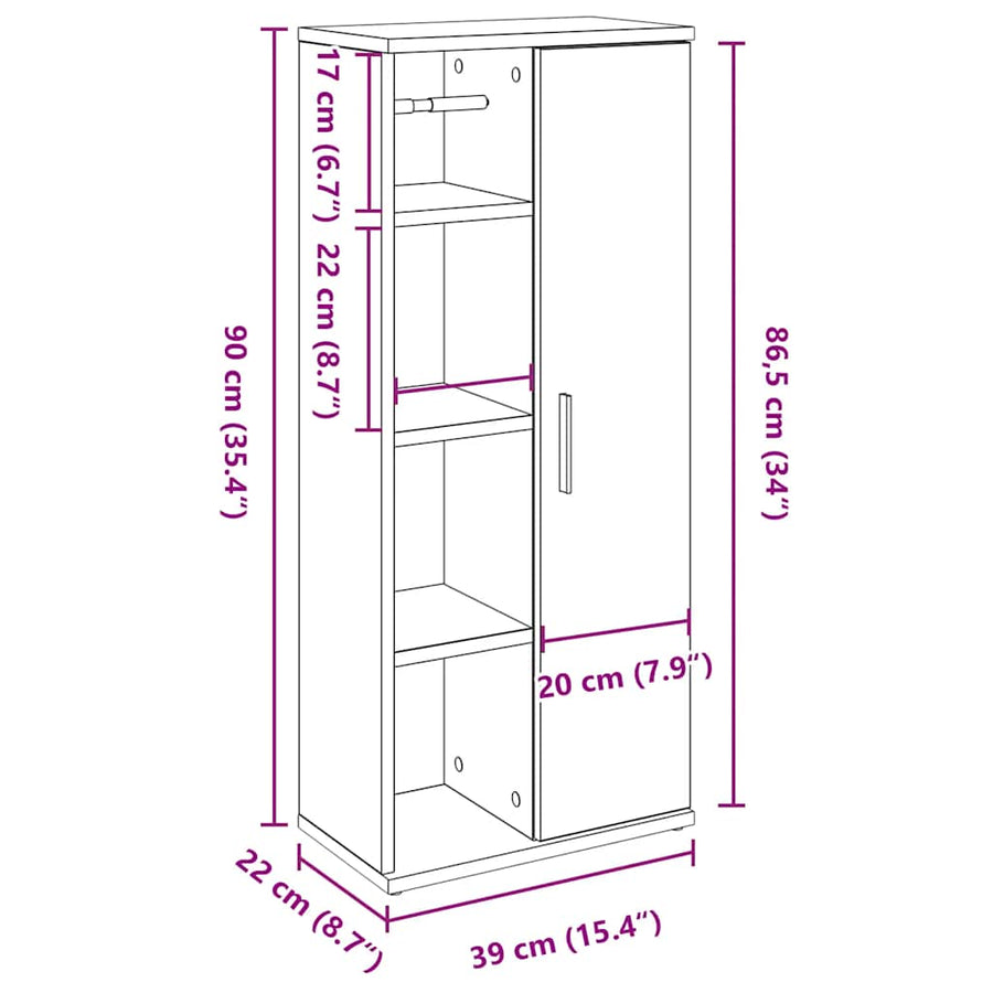 Badkamerkast met rolhouder 39x22x90 cm gerookt eikenkleurig