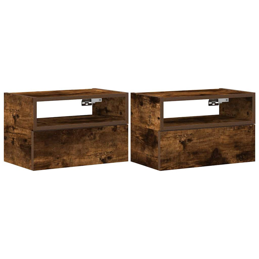 Nachtkastjes 2 st wandgemonteerd 45x26x28,5 cm gerookt eiken