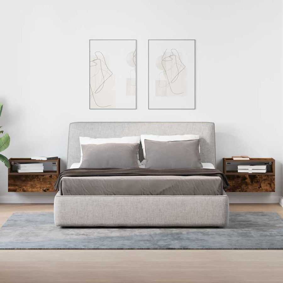 Nachtkastjes 2 st wandgemonteerd 45x26x28,5 cm gerookt eiken