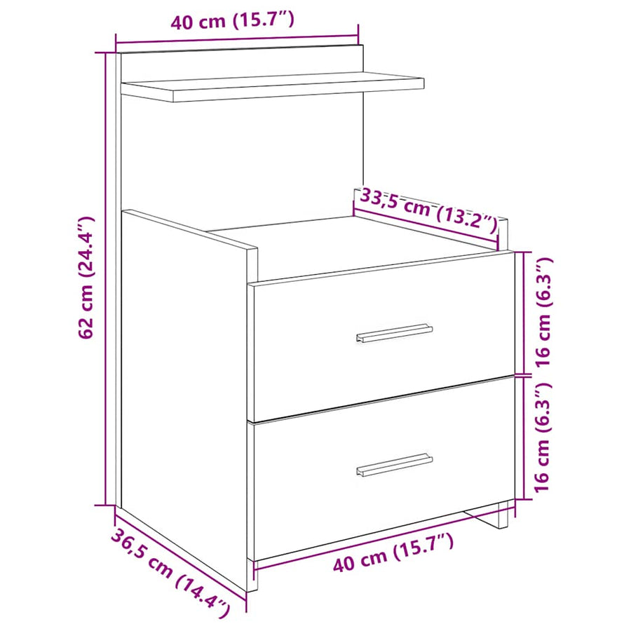 Nachtkastjes 2 st met 2 lades oud houtkleurig 40x36,5x62 cm