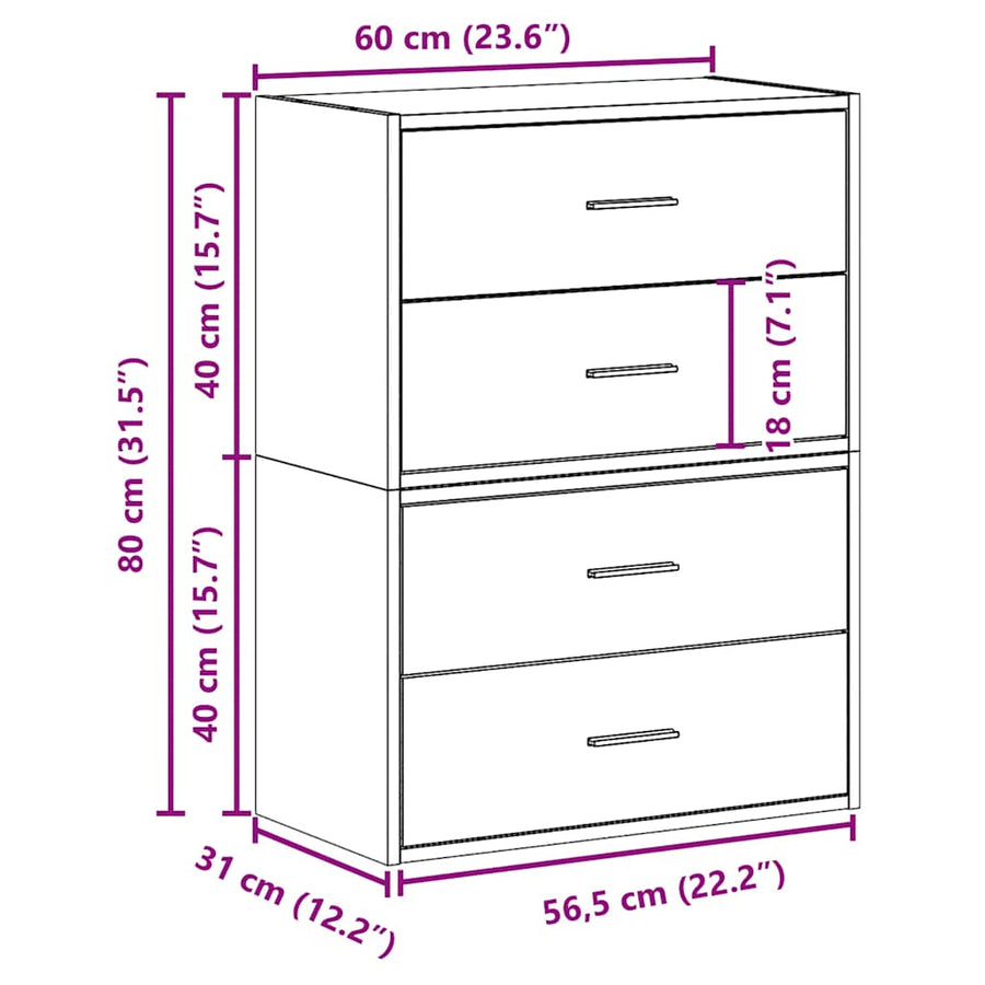 Kasten met 2 lades 2 st 60x31x40 cm bewerkt hout wit